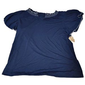 St. Johns Bay Ladies V Notch Short Sleeve Blouse Shirt X-LARGE BLUE WHITE